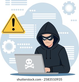 Illustration of a hacker in a black hoodie sitting in front of a laptop. Technology or cyber security theme.