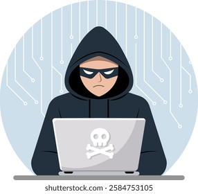 Illustration of a hacker in a black hoodie sitting in front of a laptop. Technology or cyber security theme