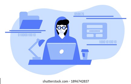 Illustration of hacker hacking data and passwords with laptop. Stylish illustration with hacker