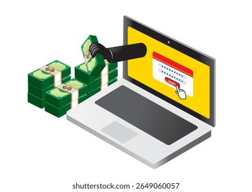 Ilustração de um hacker recuperando dinheiro de uma tela de computador enquanto entra em um login em um cenário de roubo cibernético