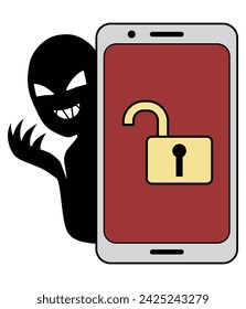 Ilustración de un hacker y un smartphone desbloqueado