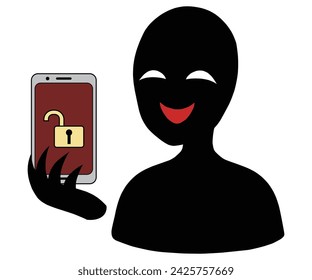 Ilustración de un hacker y un smartphone desbloqueado