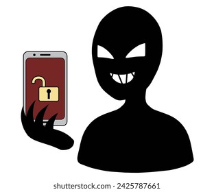 Ilustración de un hacker y un smartphone desbloqueado