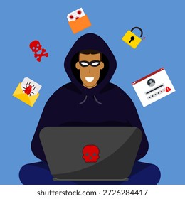 Ilustração de um hacker usando um laptop cercado por ícones de ameaças virtuais. Representando malware, phishing, violações de dados e riscos de segurança on-line.