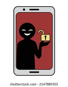 Ilustración de una imagen de hackeo con una figura negra sosteniendo una llave abierta en la pantalla del smartphone
