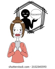 Illustration of hacking image of a woman with a smartphone and a black figure