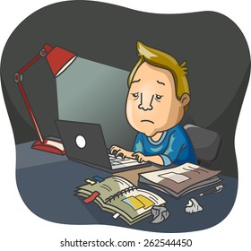 Illustration of a Haggard Looking Man Doing Overnight Work