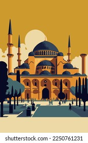 ilustración de cúpulas y minaretes de Santa Sofía en el casco antiguo de Estambul en un fondo de estilo vectorial de color plano para la impresión de arte mural o la plantilla de diseño de pancartas