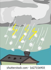  Illustration : Hail Storm With Thunder Flash Damaging Roof 