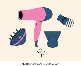 An illustration of a hair dryer and hair dryer attachments.