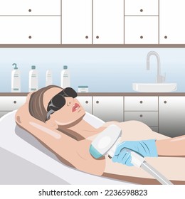 Illustration. Hair removal procedure on a woman’s body. Beautician doing laser rejuvenation in a beauty salon. vector image	
