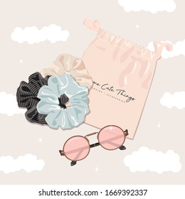 Illustration of a hair scrunchies, pouch and glasses. For prints, posters, banners and t-shirt design.