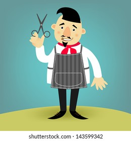 Illustration with a hairdresser with scissors in hand. Cartoon style