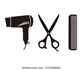 Illustration of hairdresser's scissors with comb and hairdryer