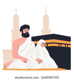 Illustration of an Hajj and Umrah Praying at the Kaaba Cartoon Character