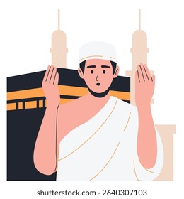 Illustration of an Hajj and Umrah Praying at the Kaaba Cartoon Character