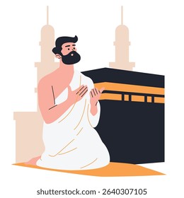 Illustration of an Hajj and Umrah Praying at the Kaaba Cartoon Character