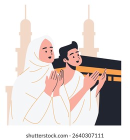 Illustration of an Hajj and Umrah Praying at the Kaaba Cartoon Character