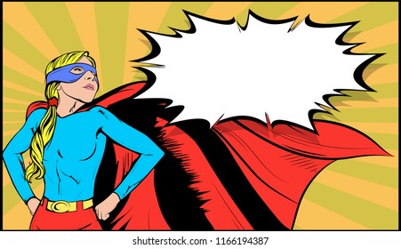 Illustration of half body beautiful confident Female hero Standing with red Cape Waving in the Wind, wearing eye mask, looking to your product message. Super girl, Retro Vintage comic Pop Art