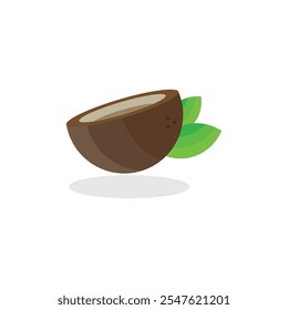 Illustration of a half coconut with green leaves on a white background.