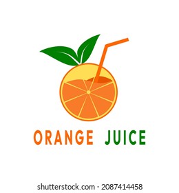 Illustration of half an orange slice, with green leaves and orange juice inside with a straw