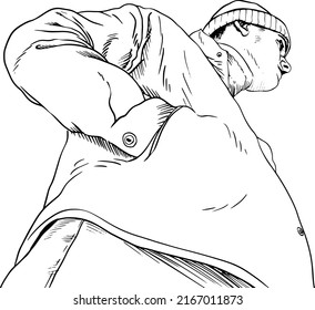 Illustration half  length portrait man and his hands in his pockets   cap  Bottom view  Black   white illustration white background