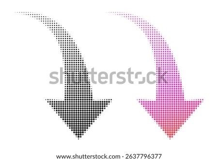 Illustration of halftone dotted black, magenta curved arrows pointing to right down
