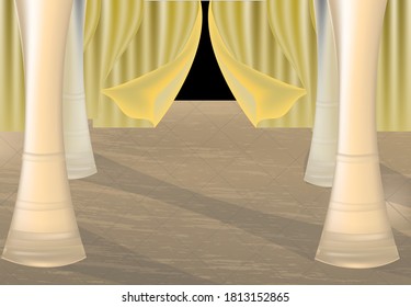 
illustration of a hall with columns, gray tiles on the floor, four columns, yellow heavy curtains at the back,