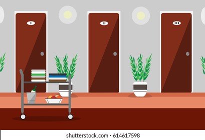 illustration hall or corridor of a hotel or hostel with doors with room service trolley. There are plants and lamps on the walls