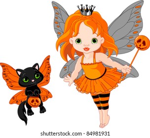 Illustration of Halloween baby fairy and her cat