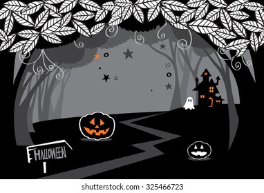 The illustration of Halloween background.
Big trees and a haunted house in the dark woods in black and white.
A ghost and pumpkins for trick or treat.