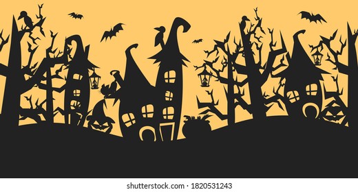 Illustration of a halloween background. Halloween evil pumpkins, black houses, trees, bats on an orange background for Happy Halloween party or design.