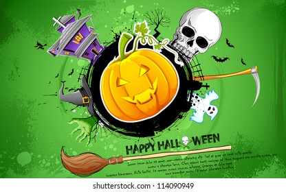 illustration of halloween background with pumpkin, skull and haunted house