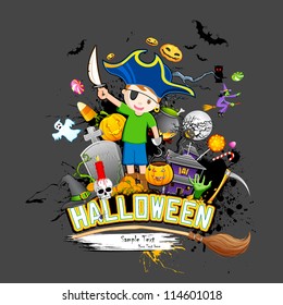 illustration of halloween background with pumpkin, skull and haunted house