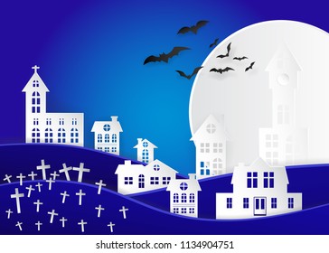 illustration of halloween, Bats flying in the sky with moon on city of town at tonight, Paper cut and art style idea