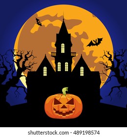 Illustration for Halloween. Beautiful old castle. The night and the moon, shining windows. Around the castle ghosts and bats. Fearfully.