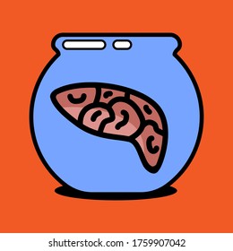 illustration for halloween with blue glass jar with a part of the human brain. Modern design for packaging, paper, fabric. print for clothes