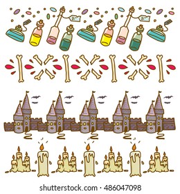 Illustration of halloween border with bones, botles and castle isolated on white