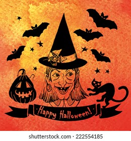 Illustration for Halloween. Bright watercolor background. Vector illustration. Illustration for greeting cards, invitations, and other printing projects.