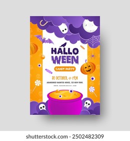 Ilustración del volante del partido del caramelo de Halloween, invitación, tarjeta de felicitación con la nube púrpura, calabaza linda, murciélago, luna, fantasma y poción en color púrpura y amarillo.