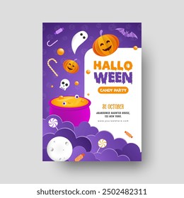 Illustration of Halloween candy party flyer, invitation, greeting card with purple cloud, cute pumpkin, bat, moon, ghost and potion in purple and yellow color.