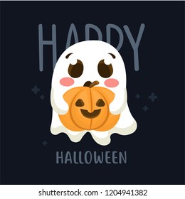 Illustration of Halloween Card Concept with Cute Ghost and Pumpkin