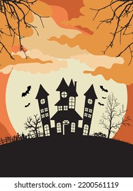 Illustration for halloween. Castle in the background of the moon, tombstones, bats, creepy trees, owl and pumpkins.Silhouette of the castle on the background of the moon. The moon is covered by clouds