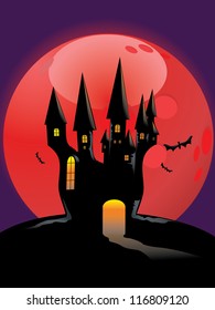 Illustration of Halloween castle with full moon background.