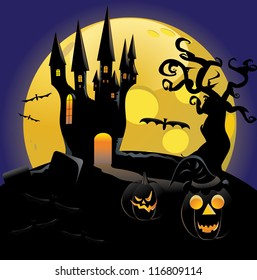 Illustration of Halloween castle silhouettes with full moon and pumpkins background.
