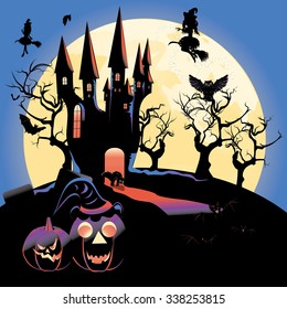 Illustration of Halloween castle silhouettes with full moon and pumpkins background.