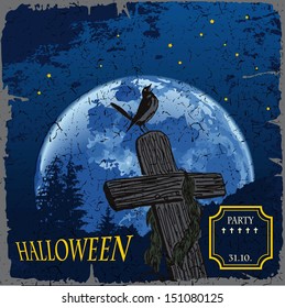 Illustration of Halloween cemetery with crosses on a big moon