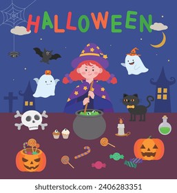 an illustration with Halloween characters