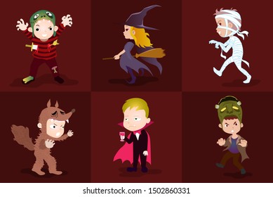 
illustration of the Halloween characters of children wearing costumes including witches, wolf, vampire, mummy and ghost character costumes