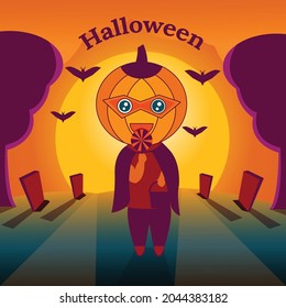 Illustration with halloween characters at night